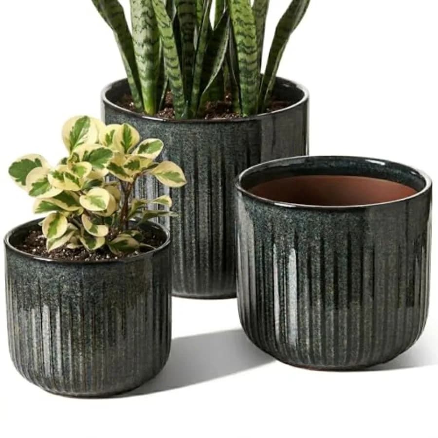 Vasi in Ceramica per Piante, Fioriere da Interno da 8.3/7/6 Pollici con Fori di Drenaggio e Rete, Vaso Cilindrico Moderno con Finitura Lucida e Scanalature