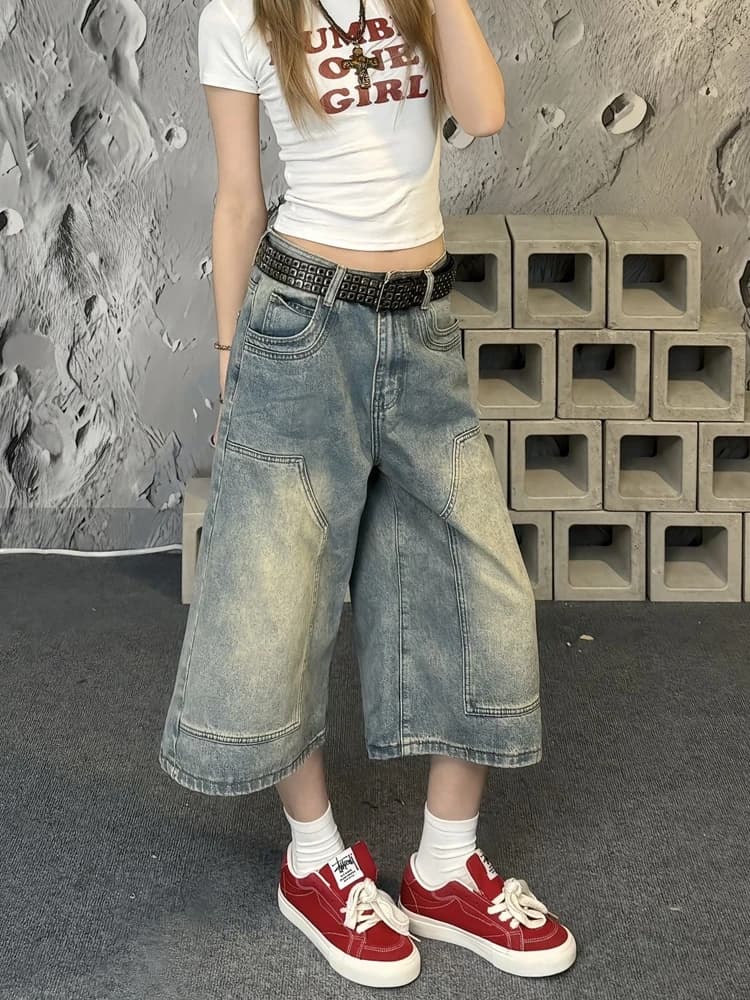 American Washed Vintage Jeans Shorts High Street Loose Wide Leg Slim Straight Tube Summer New Style for Men And Women