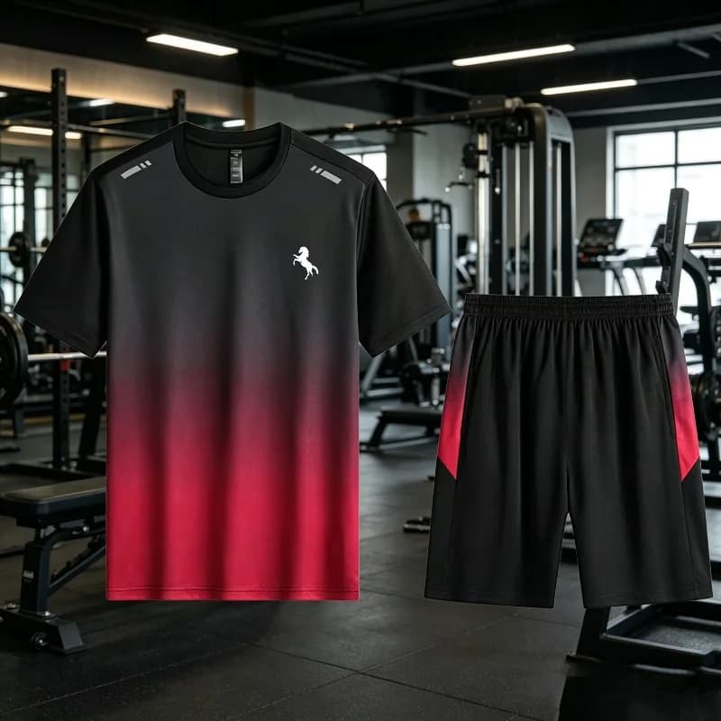 Men Gradient Print Short Sleeve T-Shirt & Shorts Set Round Neck Breathable Quick Dry Tracksuit Summer Gym Workout Sport Outfit