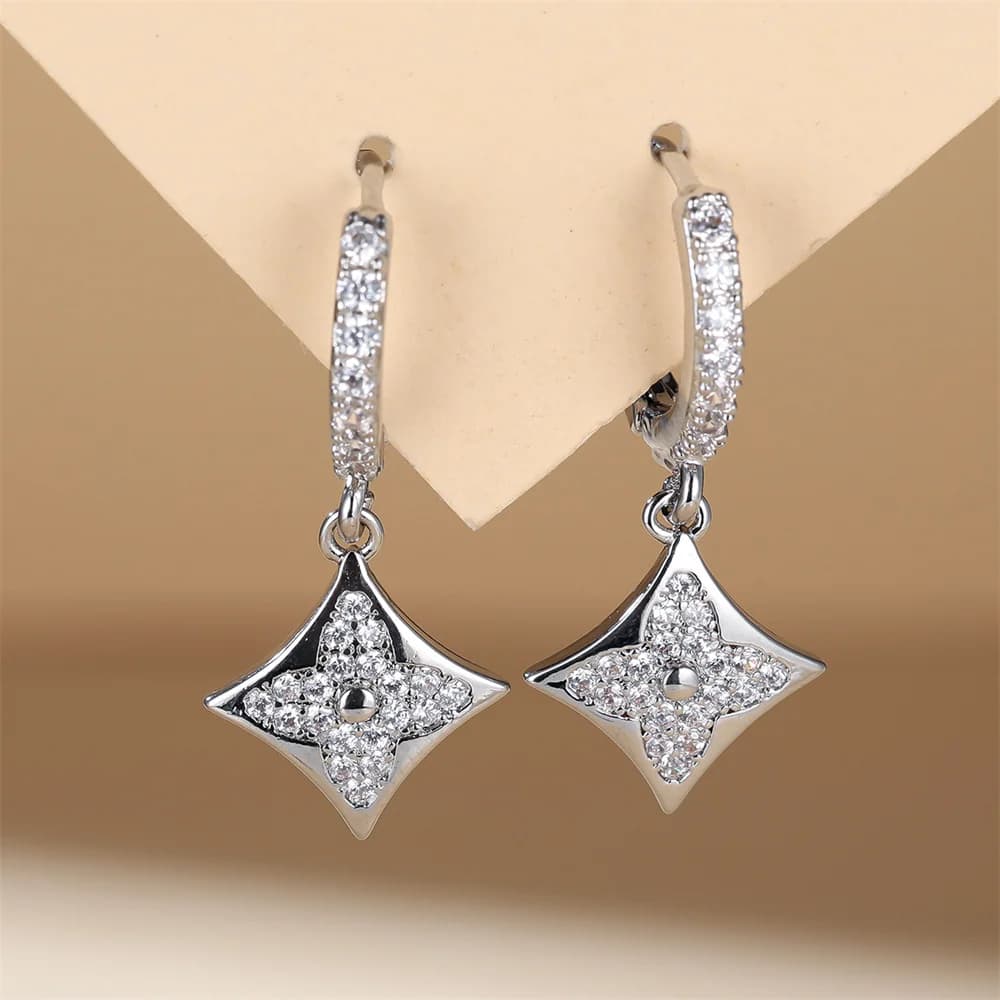 White Zircon Crystal Flower Pendant Hoop Earrings For Women Rose Gold Silver Color Ear Buckle Wedding Jewelry Versatile Gifts