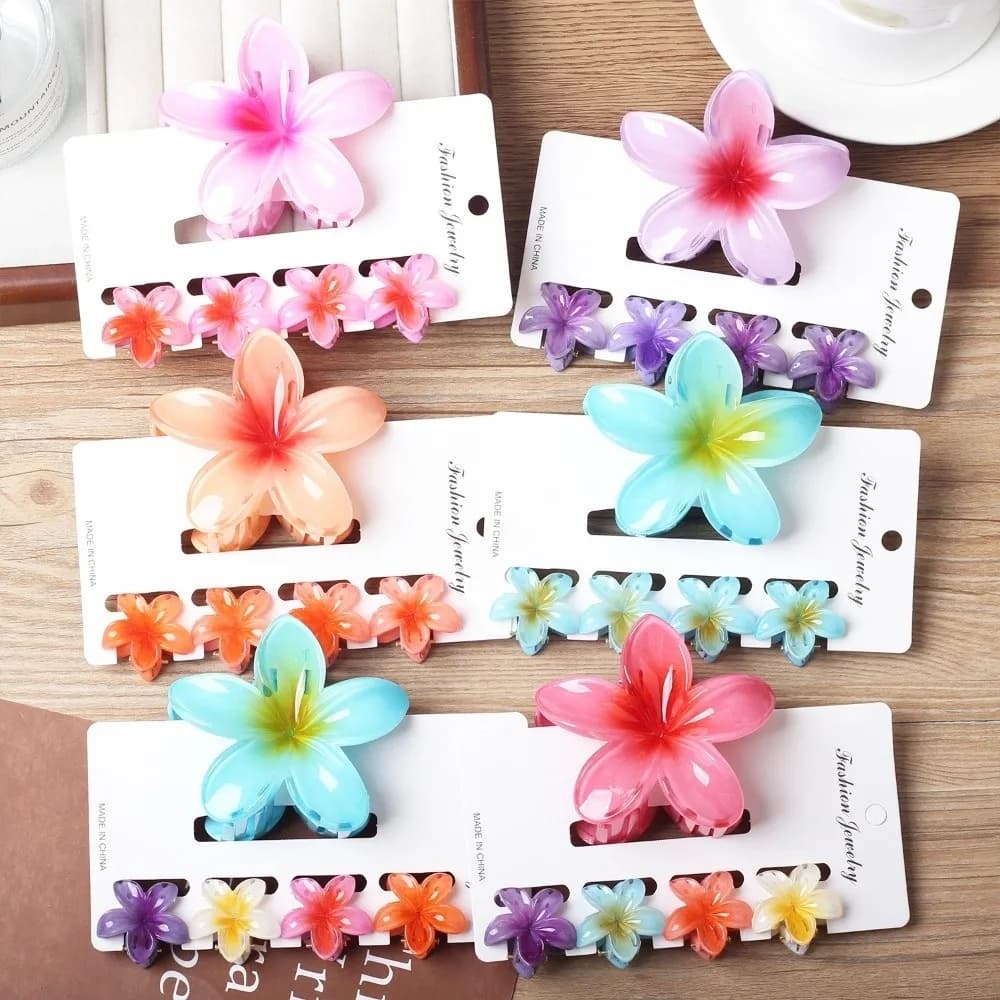 5Pcs/Set Gradient Hawaiian Flower Hair Clips Plumeria Flower Acrylic Hair Claws Clamp Sweet Flower Hairpin