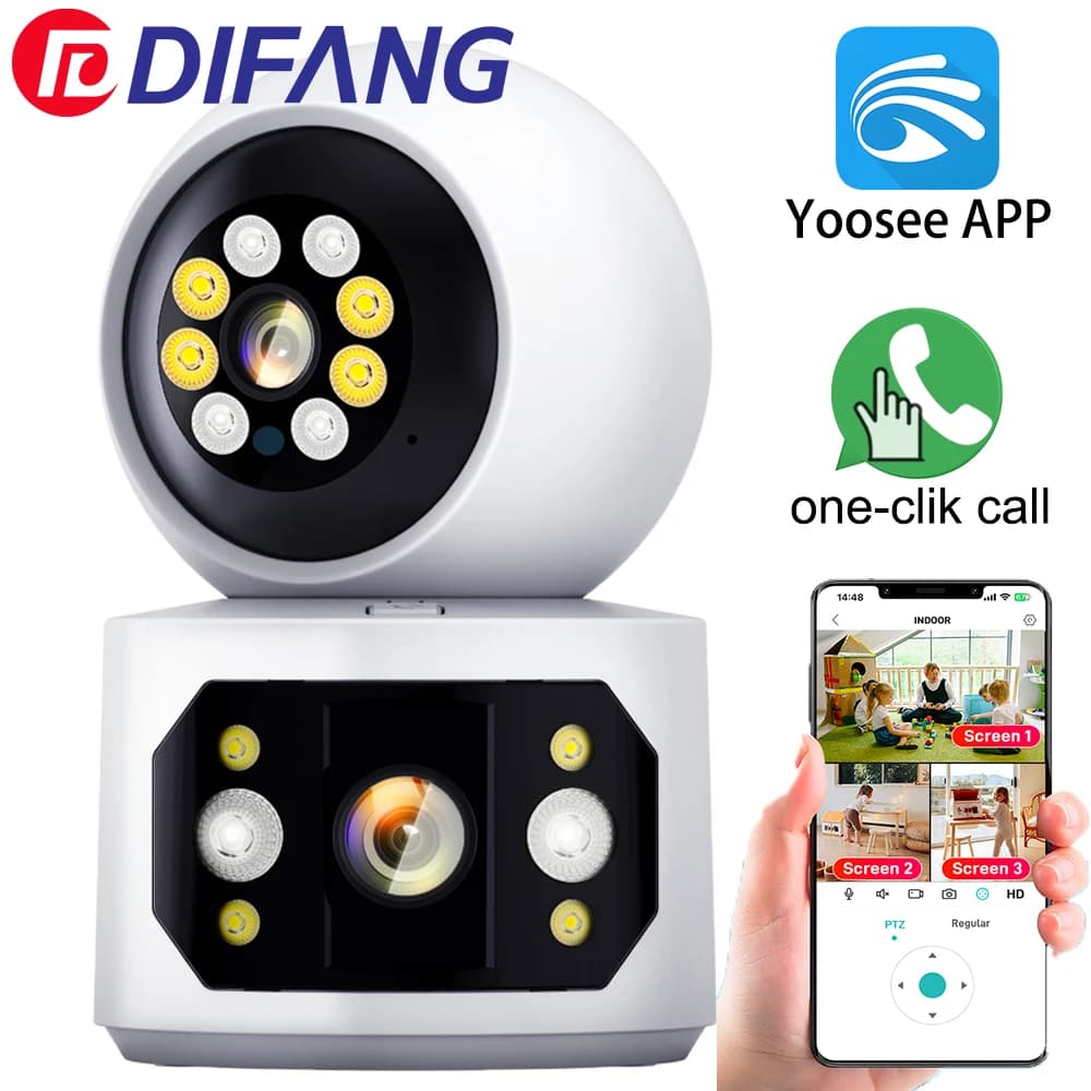 Telecamera WiFi DIFANG 6MP per Casa Intelligente, Doppia Lente, Tre Schermi, Tracciamento Automatico 355 ° Monitor per Bambini con Telecamera di Sicurezza CCTV