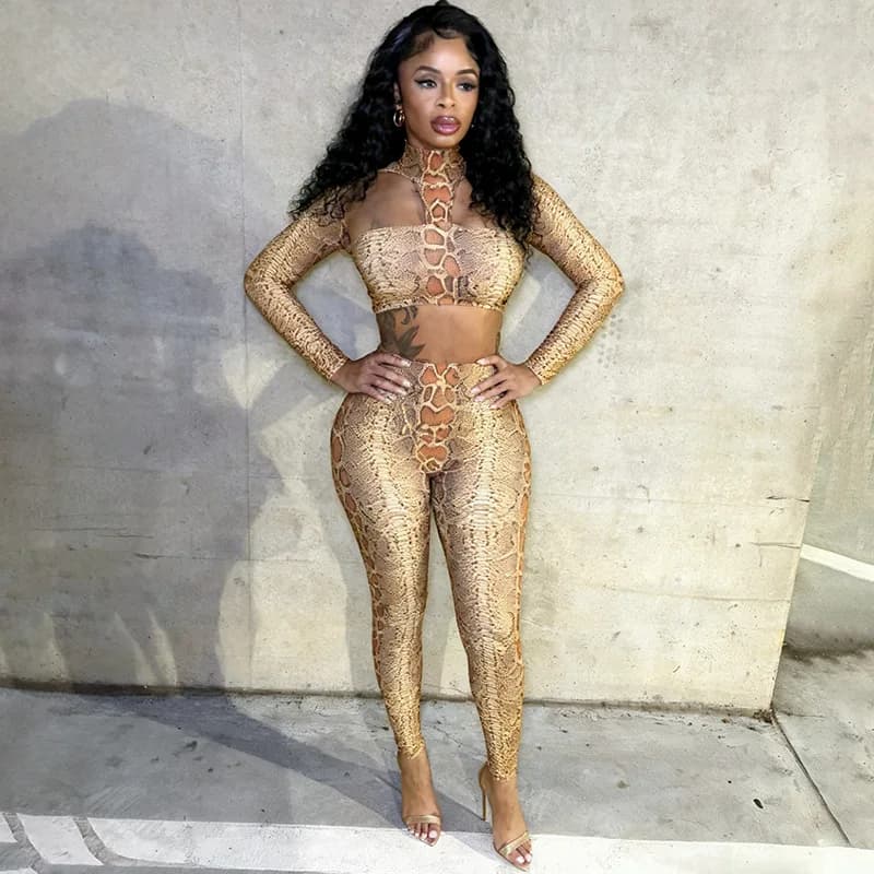 Women Sexy Serpentine Print 2 Piece Set Turtleneck Long Sleeve Backless Strapless Halter Crop Tops + Skinny Pants Clubwear Suits