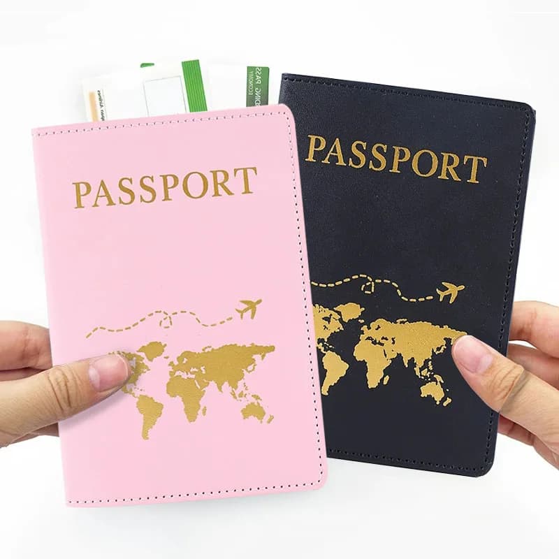 PU Leather Passport Cover with World Map Airplane Design Travel ID Card Ticket Holder Document Case for Women And Men