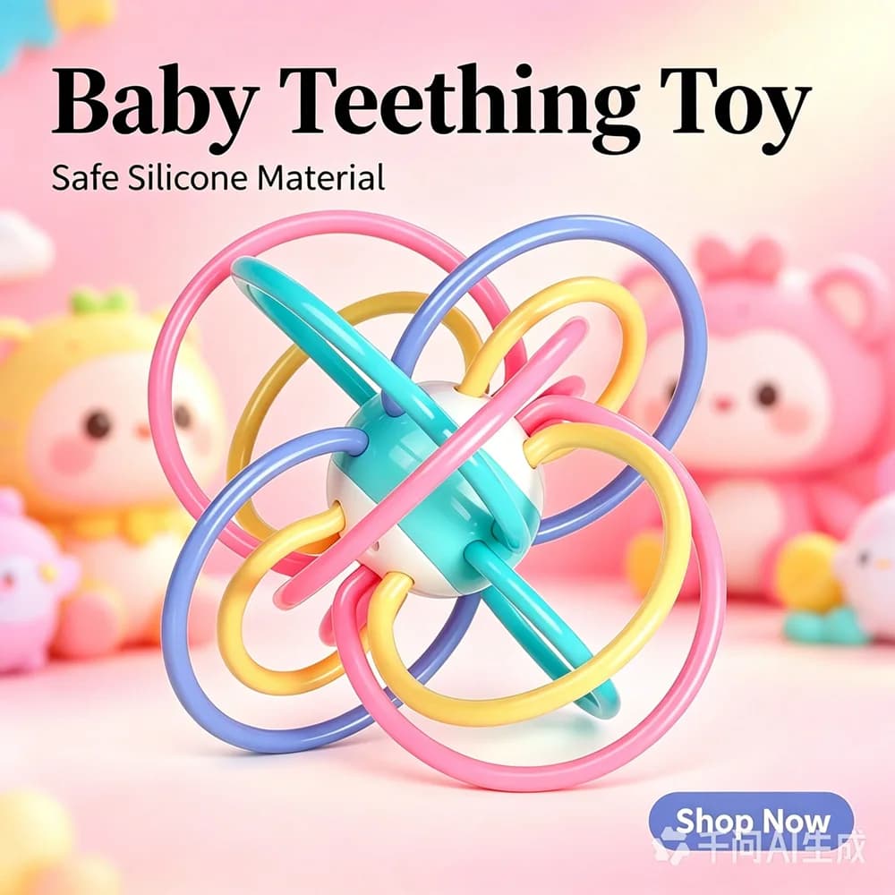 Baby Teething Rattle Ball Silicone Manhattan Teether Toy Soft Sensory Chew Ring for Newborn Infant Training Hand Grasp Early Edu