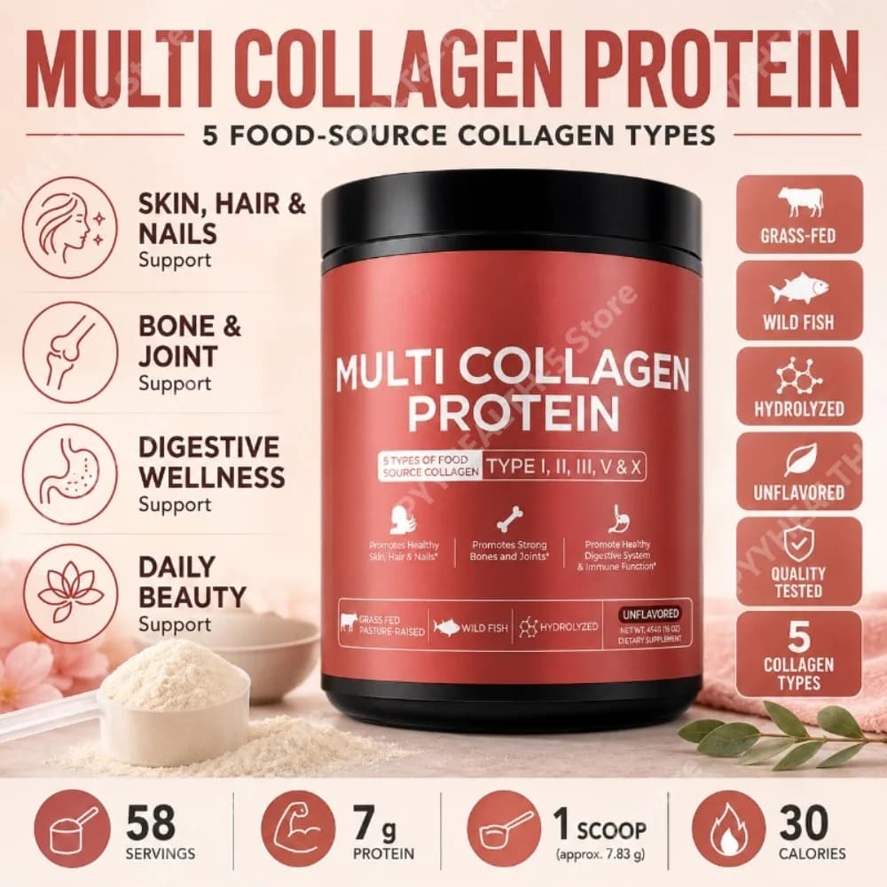 Multi Collagen Protein Powder 454g 5 Food-Source Collagen Types Supports Skin Hair Nails Bone Wellness Unflavored for Men Women