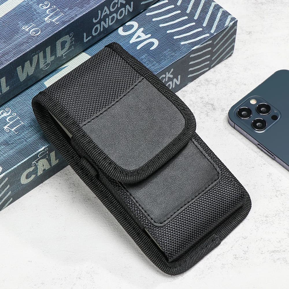 Marsupio per cellulare con cintura da indossare in tessuto di nylon, tasca per cellulare orizzontale/verticale nera di dimensioni multiple