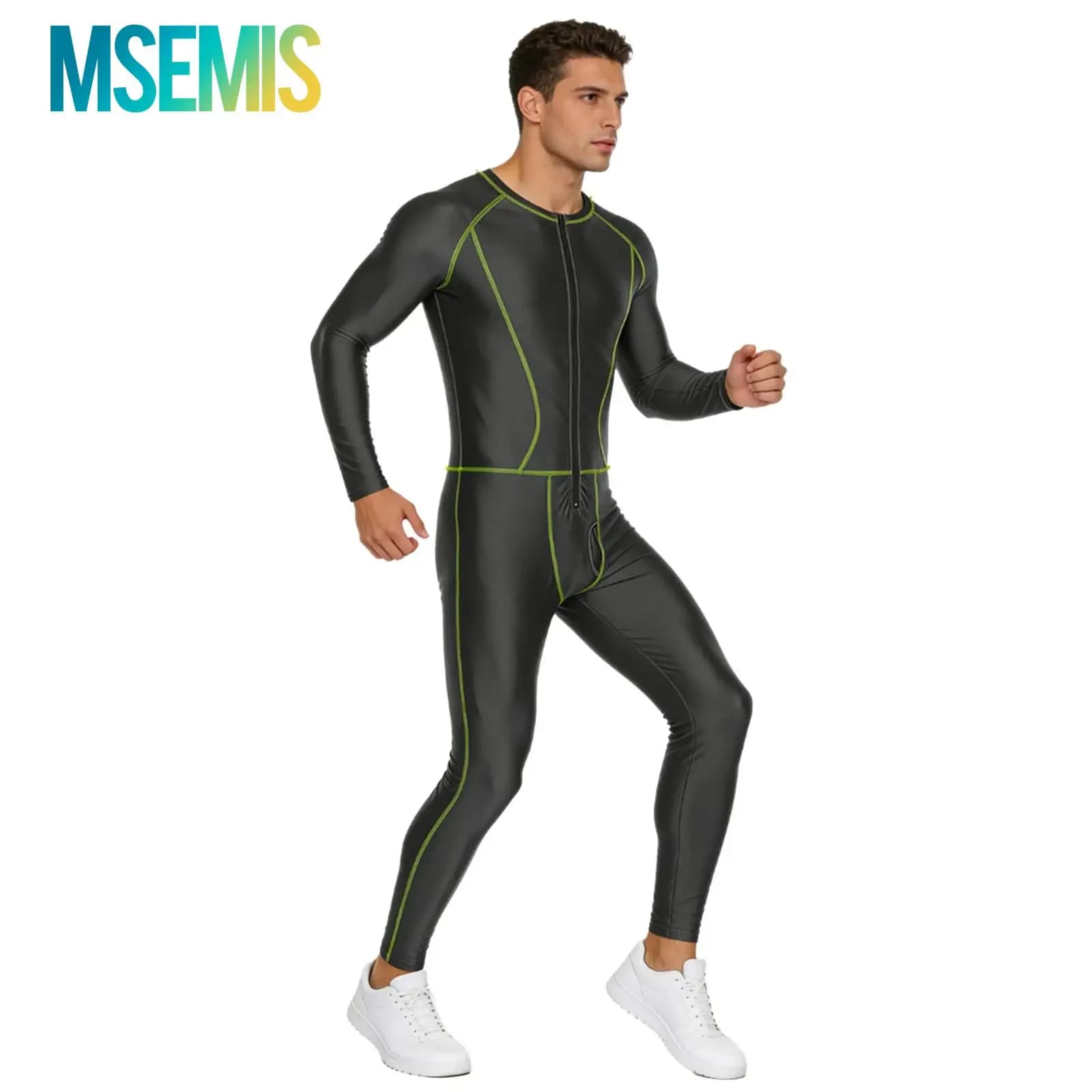 Costumi da bagno Costume da bagno da uomo Tuta slim lucida Costume da bagno intero Cuciture Zip frontale Manica lunga Pantaloni lunghi Pagliaccetti a compressione