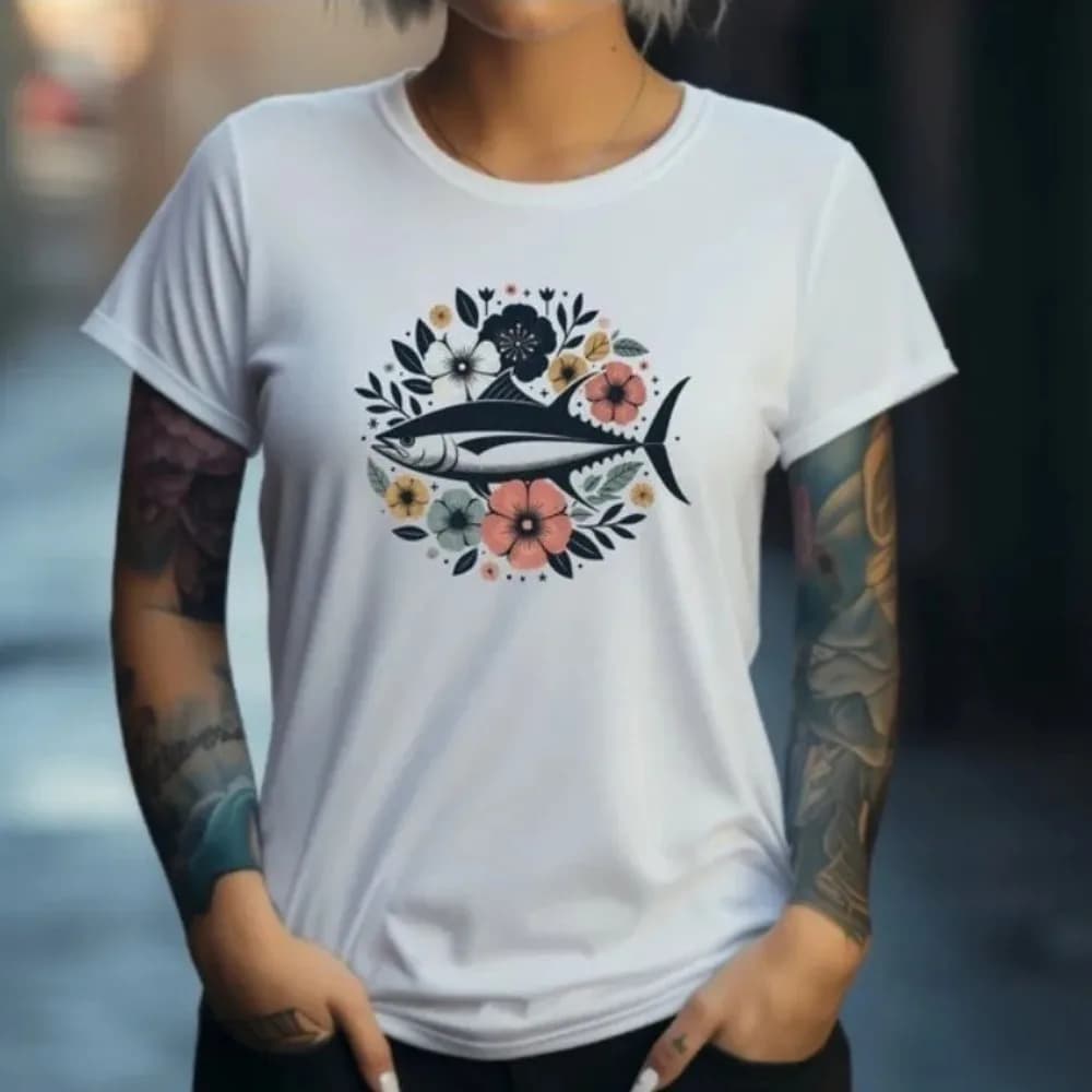 Bluefin Tuna and Flowers Theme Printed T Shirt Women Crewneck Cotton Short Sleeve Fashionable Casual Summer Woman Tee Tops