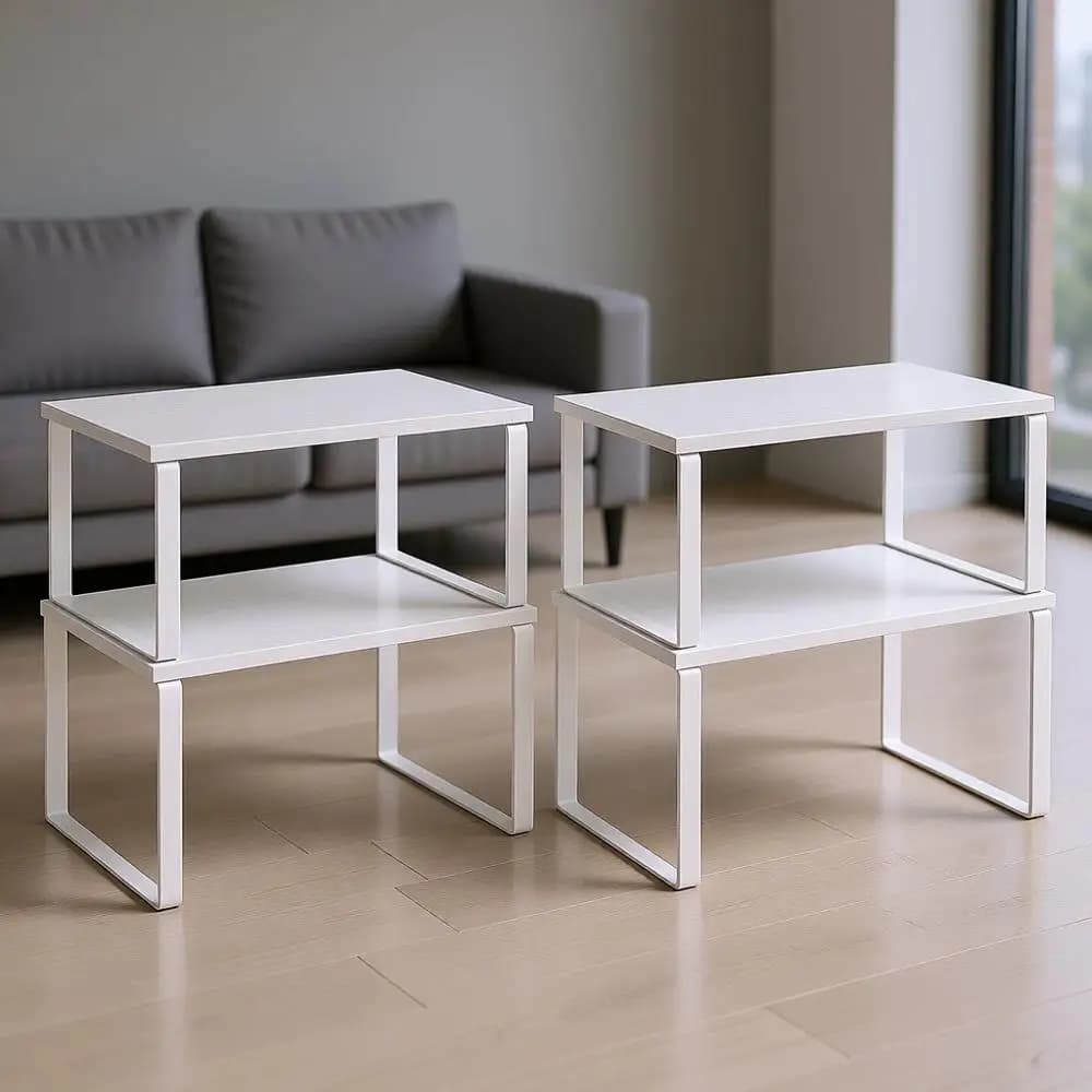 Set di 2 Scaffali da Cucina, Portaspezie Impilabile in Metallo e Legno, Espandibile, Bianco Nuvola