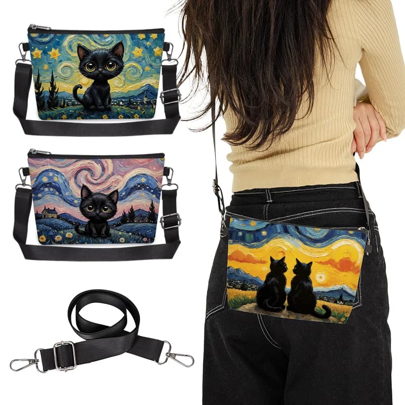 Oil Painting Van Gogh Black Cat Print Cosmetic Case The Starry Night Women Makeup Bags Lipstick Keys Organizer Toiletry Pouch