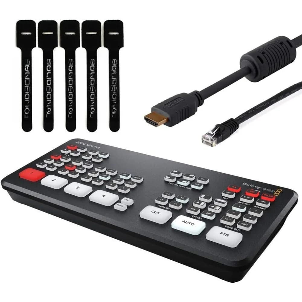 Design ATEM Mini Pro HDMI Live Stream Switcher Bundle with 6’ HDMI Cable, 7’ Cat5e Cable, and 5-Pack of