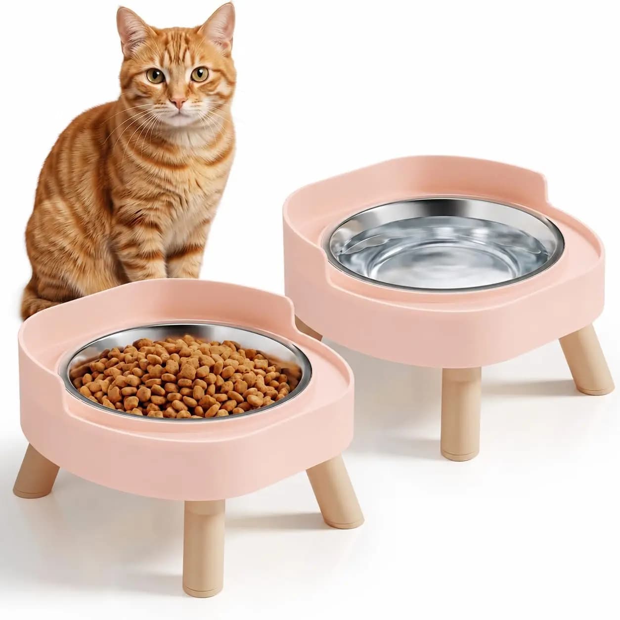 Elevated Cat Bowls, 2P Raised Cat Food and Water Bowl Set for Indoor Cats, Splash Proof with 2 Stainless Steel Pet Food Bowls fo