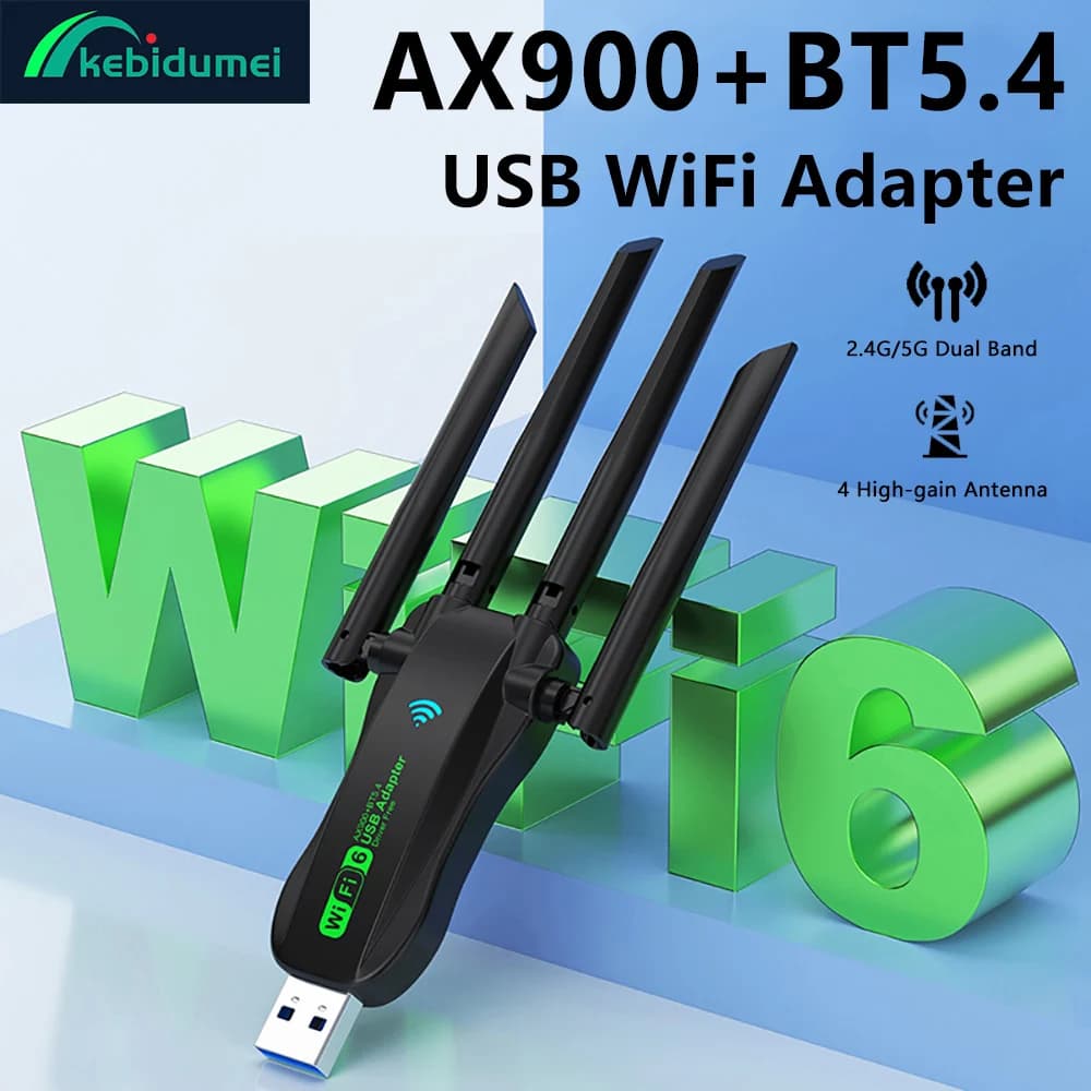 Adattatore USB WiFi6 Kebidumei AX900 Bluetooth 5.4, Dongle WiFi Dual Band 2.4G/5Ghz Plug and Play con 4 Antenne, Scheda di Rete Wireless USB