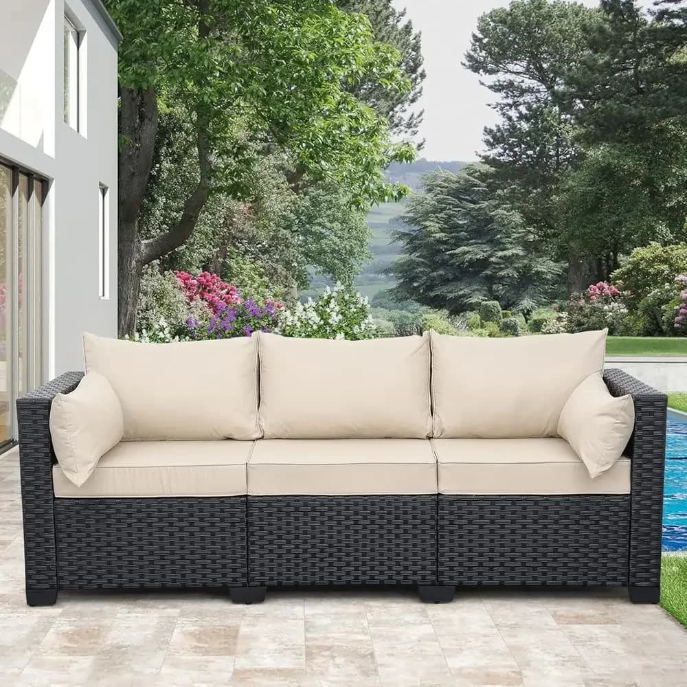 3-Seat Deep Seating Outdoor Sofa with Wicker, Waterproof Cover and Anti-Slip Cushions, Khaki