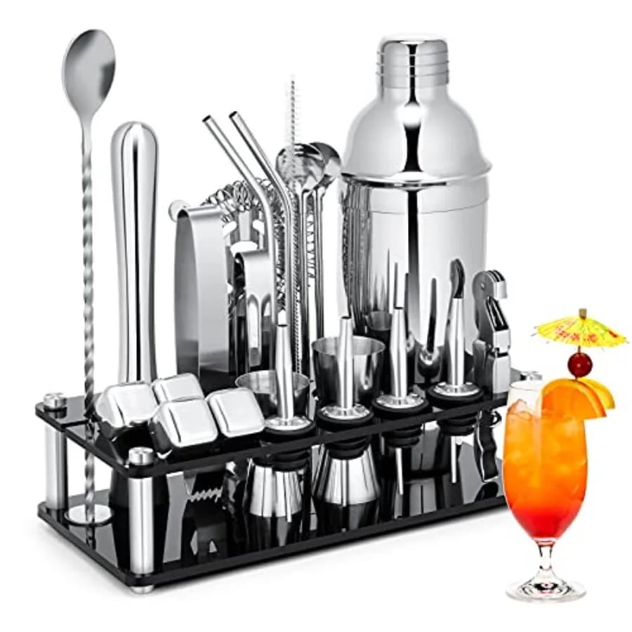 Set Shaker per Cocktail, Kit da Barman in Acciaio Inox da 23 Pezzi con Supporto in Acrilico e Libretto di Ricette per Cocktail, Strumenti Professionali da Bar