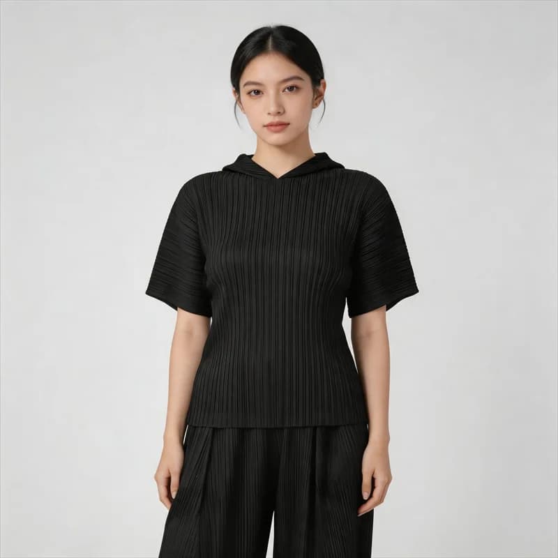 Miyake Pleated Top for Women 2026 Spring New Fashion Versatile Short-sleeved Fashion T-shirt for Women Folding Hooded Sweatshirt