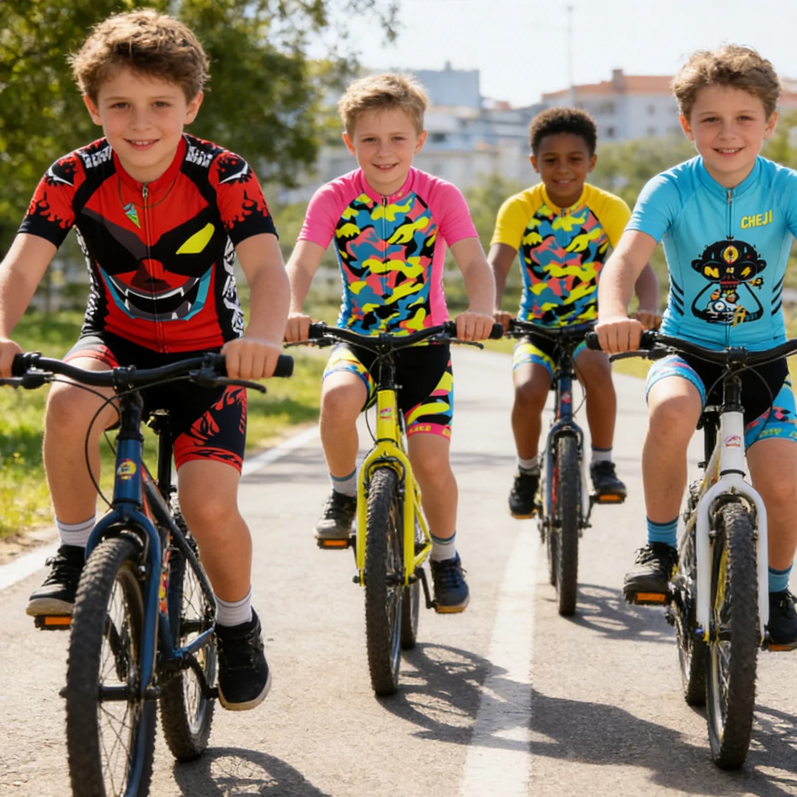 Children's Cycling T-shirt Set, short sleeve breathable mesh for boys and girls, padded shorts, cycling clothing