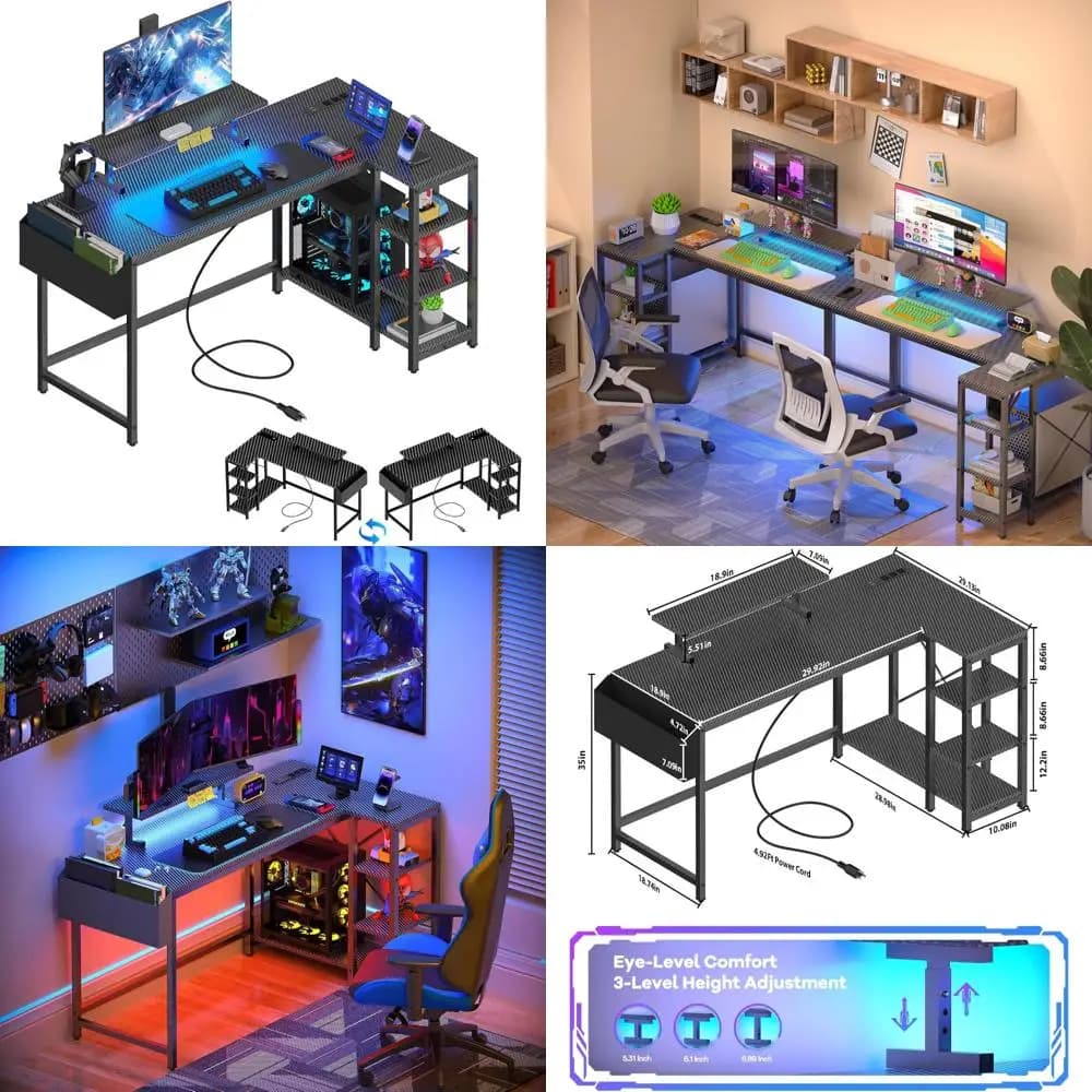 LED L Shaped Play Desk with Adjustable Monitor Support, 40 Inch Reversible Computer Power socket and Storage De