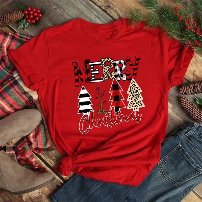 Magliette da donna Buon albero di Natale Stampa Top rosso Femal Nuovi vestiti Manica corta Anni '90 Ragazze Lucky Deer T-shirt Abiti estetici