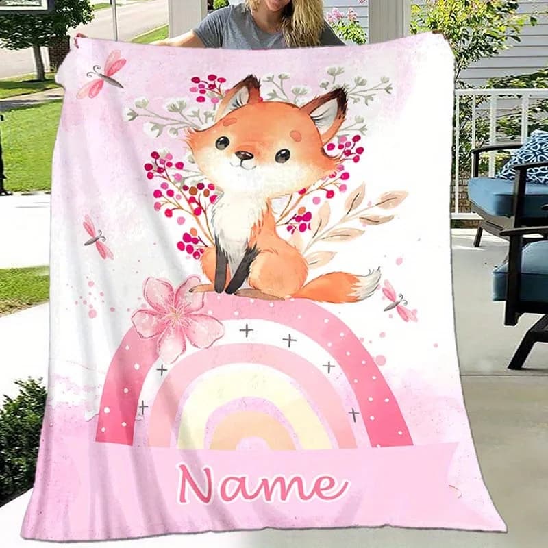 Personalized fox and rainbow flannel blanket, customizable with four seasons digital printing soft polyester knit, animal theme