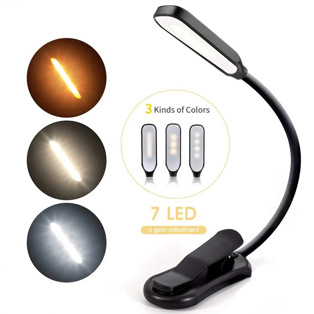 Lampada da lettura a 7 LED Lampada da lettura ricaricabile tramite USB Lampada da lettura notturna a 3 livelli calda bianca fredda Luce diurna portatile flessibile facile da clip