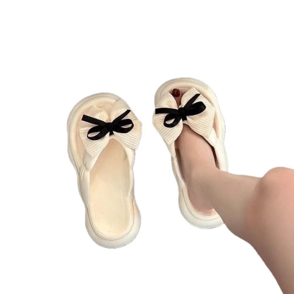 Non-slip Slippers with cloud shaped bow Sandals with bow with thick black white sole Slippers with often casual background versatile women's