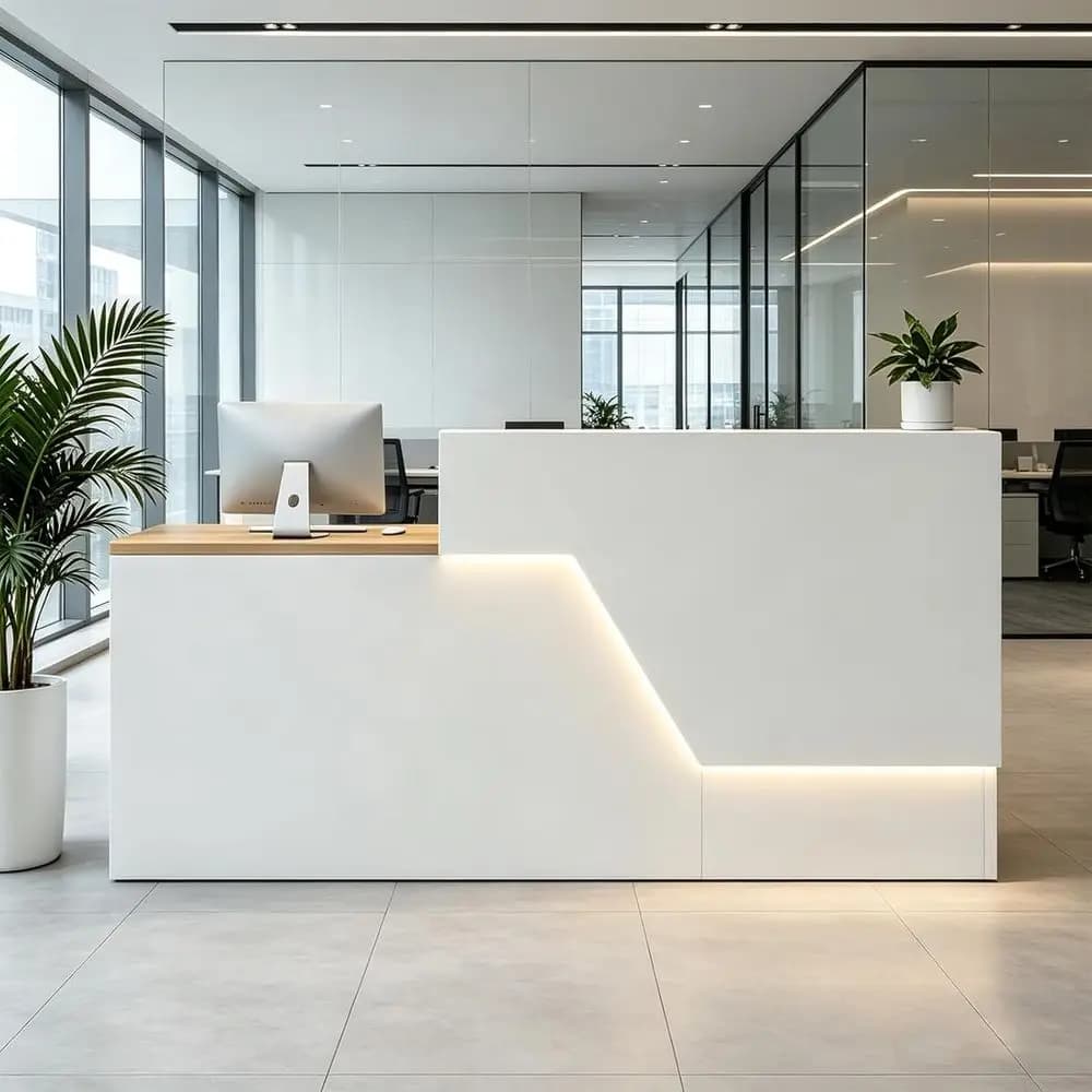 63 Inch Modern Front Desk with Cabinet, Cable Management, and Keyboard Tray for Office or Hotel Lobby (White)