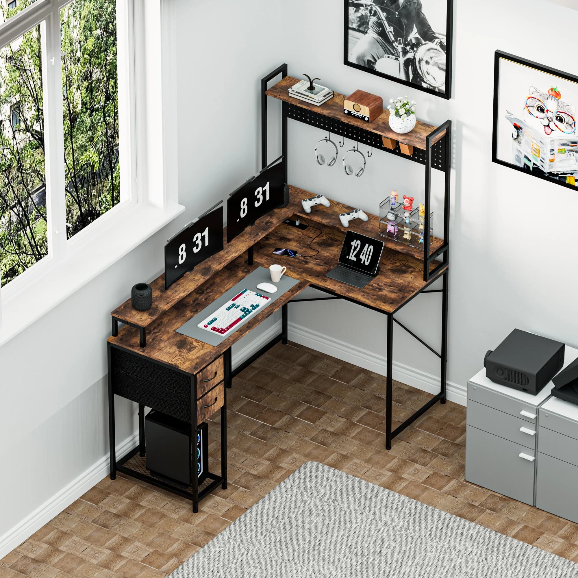 Scrivania per computer desktop reversibile in legno a forma di L di prezzo di fabbrica con tavolo da gioco con ripiano