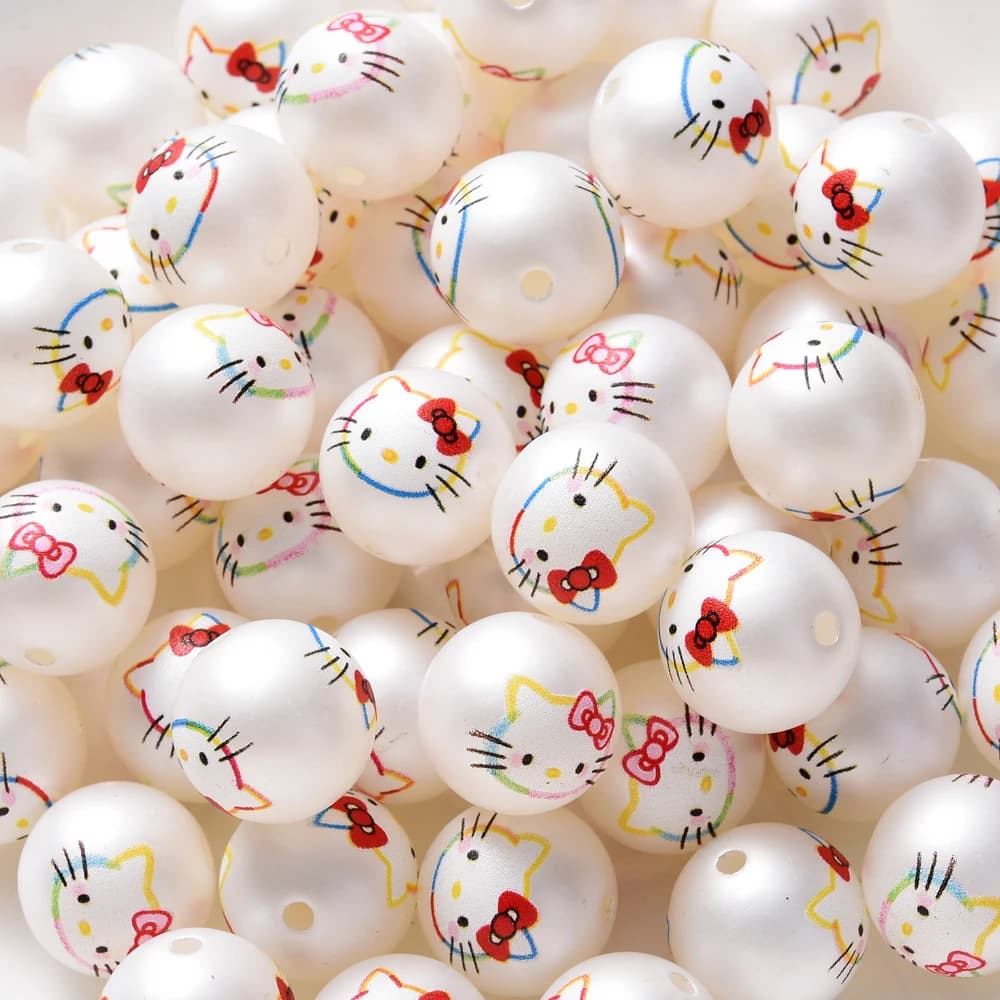 10 Pezzi Perline Acriliche KT Cat Bianche Satinate Stampate Rotonde per Fai da Te, Accessori per Catenelle Ciuccio, Collane e Braccialetti