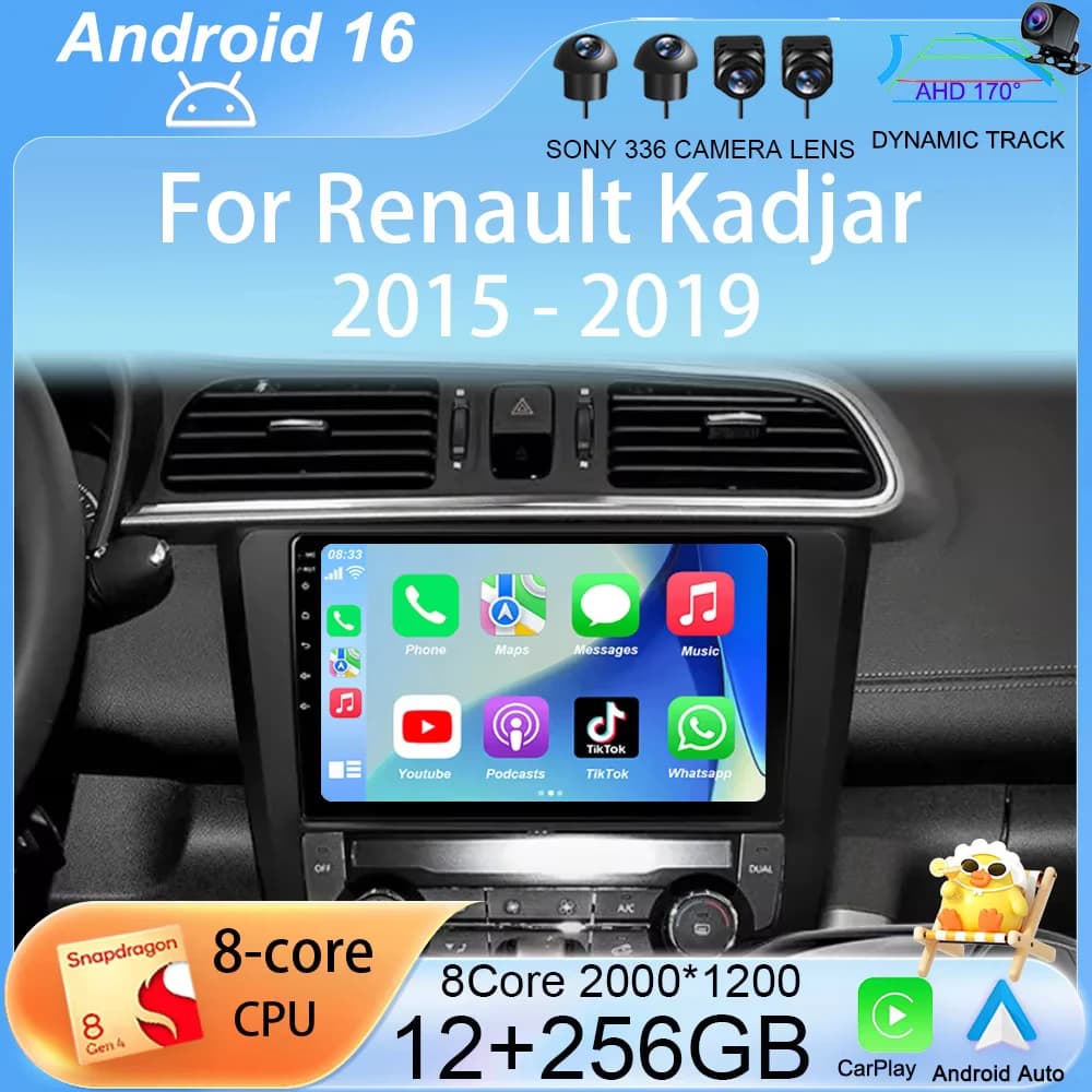 Autoradio Android 16 CarPlay per Renault Kadjar 2015 2016 2017 2018 2019, GPS Multimedia Video Player Stereo 2 DIN DVD