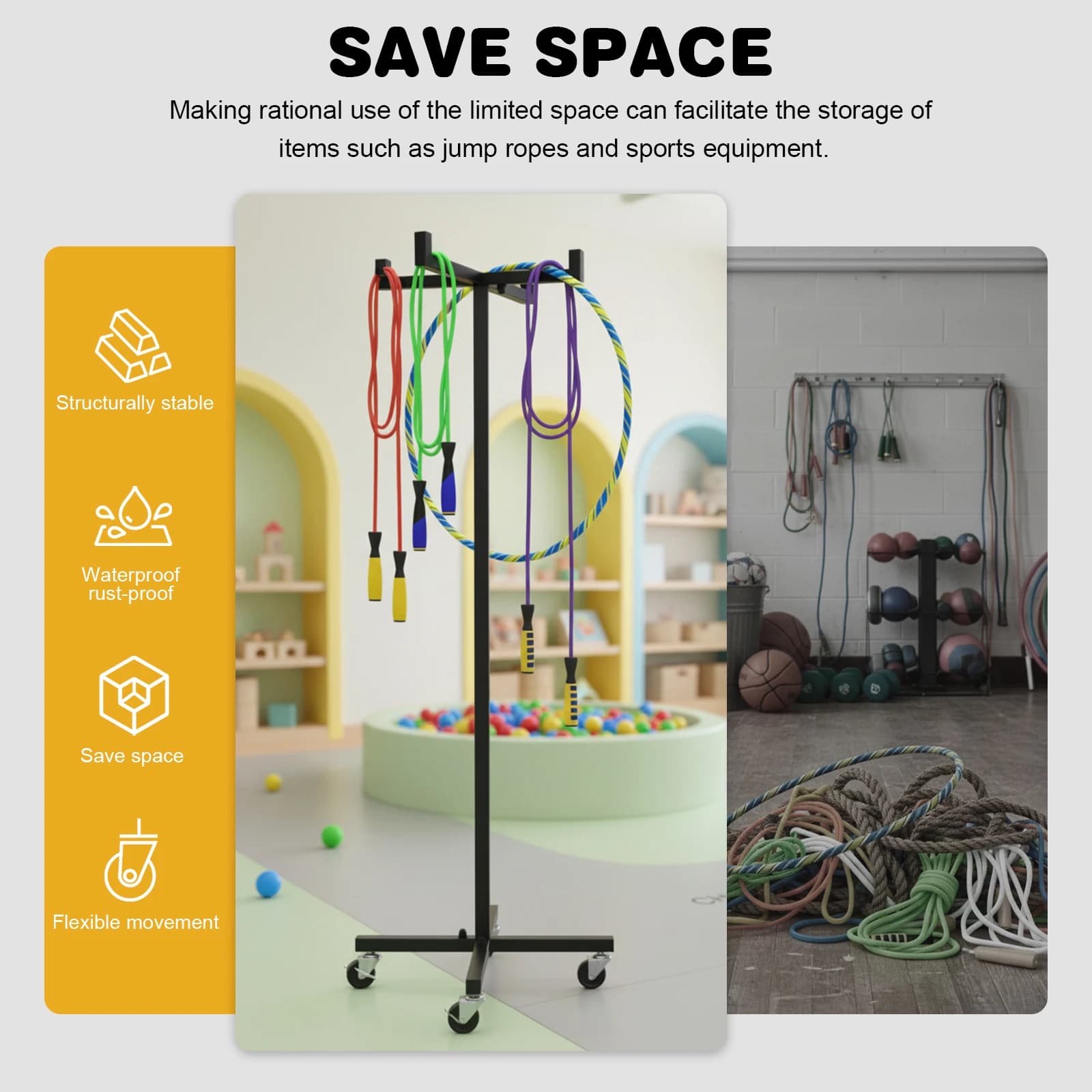 Bearing trolley with wheels for jumping ropes and gymnastics tools, height 120 cm, equipment for kindergarten