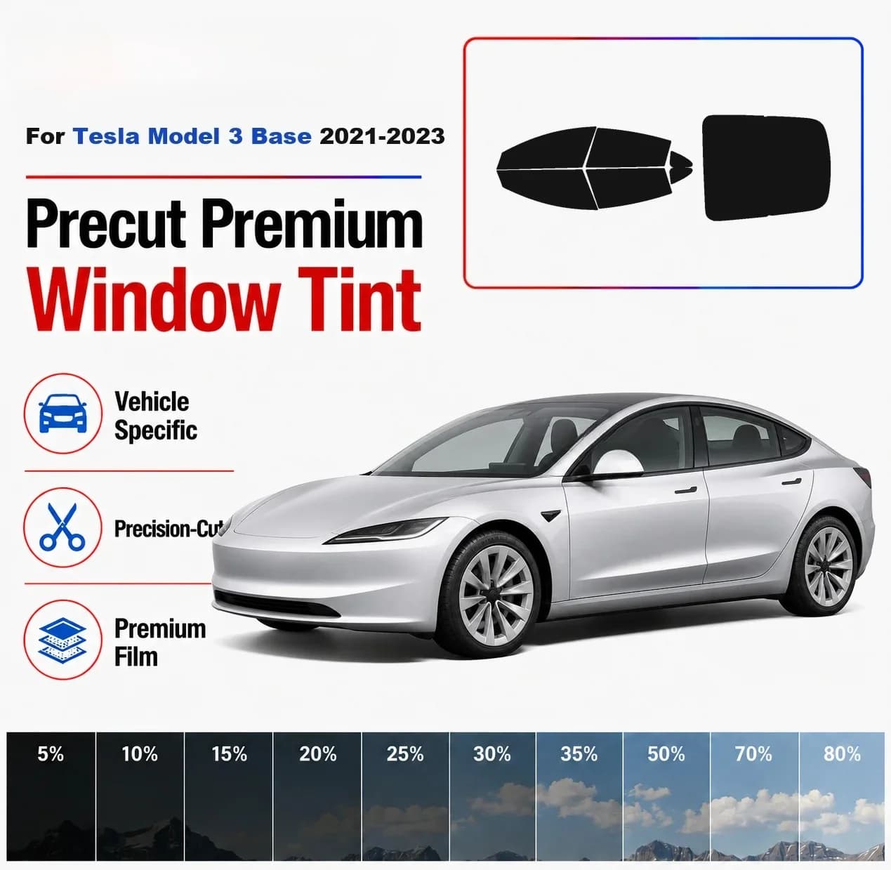 Premium Precut Window Tint Kit Front Rear Windows Rear Windshield For Tesla Model 3 Base 2021-2023 Car Solar Nano Ceramic Film