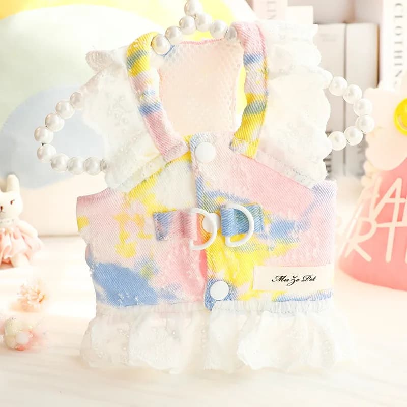 Abito per cani Vestiti per animali domestici Primavera Estate Sottile principessa Gilet con imbracatura in denim di pizzo per cani di piccola taglia 6724