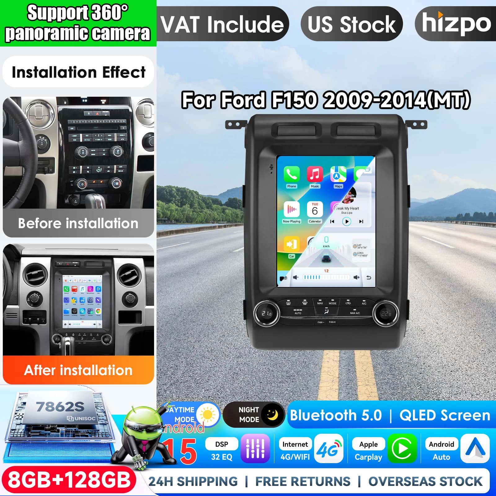 Hizpo in Dash Carplay Android for Ford F150 2015-2021 for 9.7 inch Tesla Style Car GPS Navigation Multimedia Player Radio Tape Head Unit HD Pro AI Intelligent Systems QLED Touch Screen Autoradio Video Audio Monitor Automotive Bluetooth 5G WIFI AM FM RDS