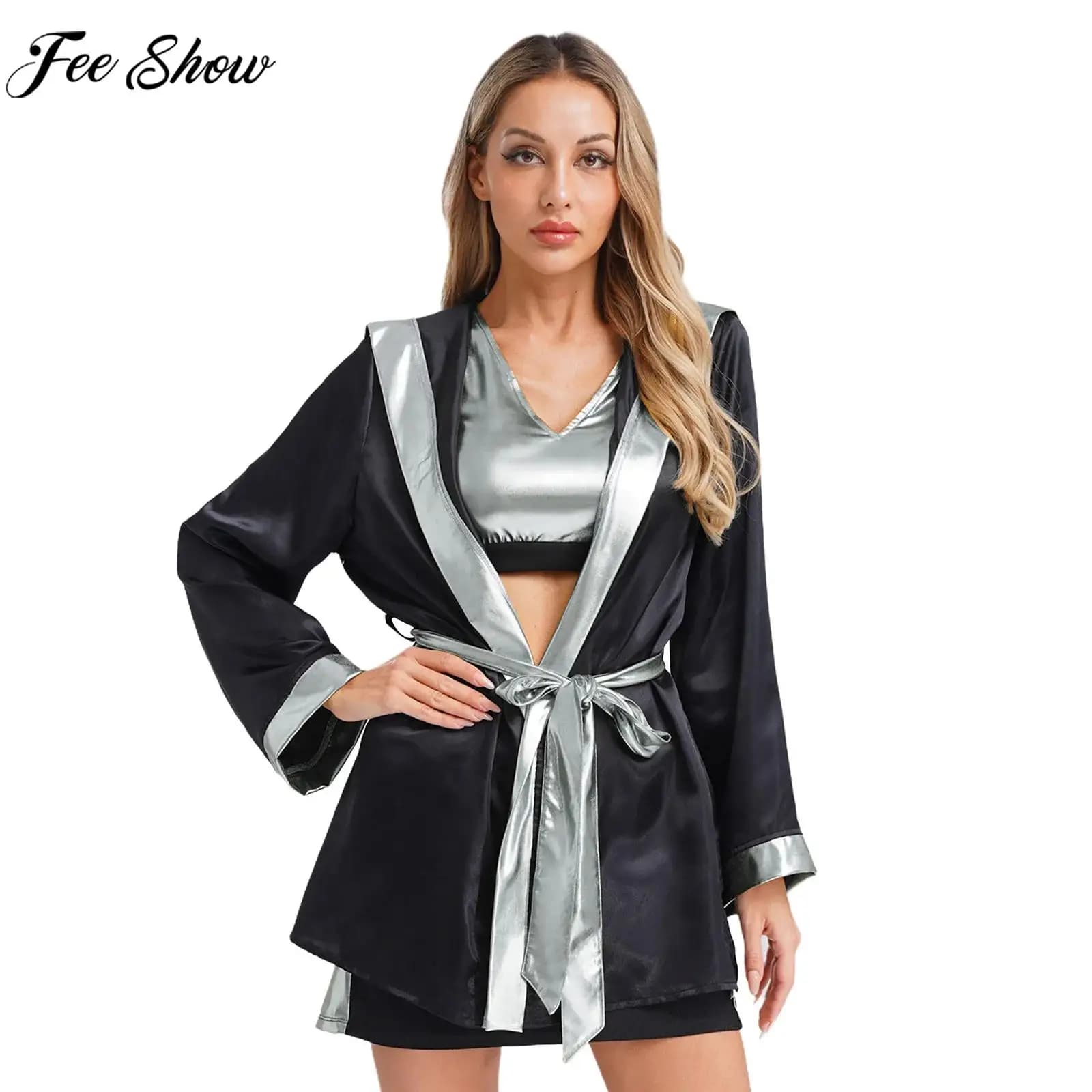 Costume cosplay boxer di Halloween da donna Abito da boxe con cappuccio con canotte corte Cintura culotte Muay Thai Abiti da combattimento