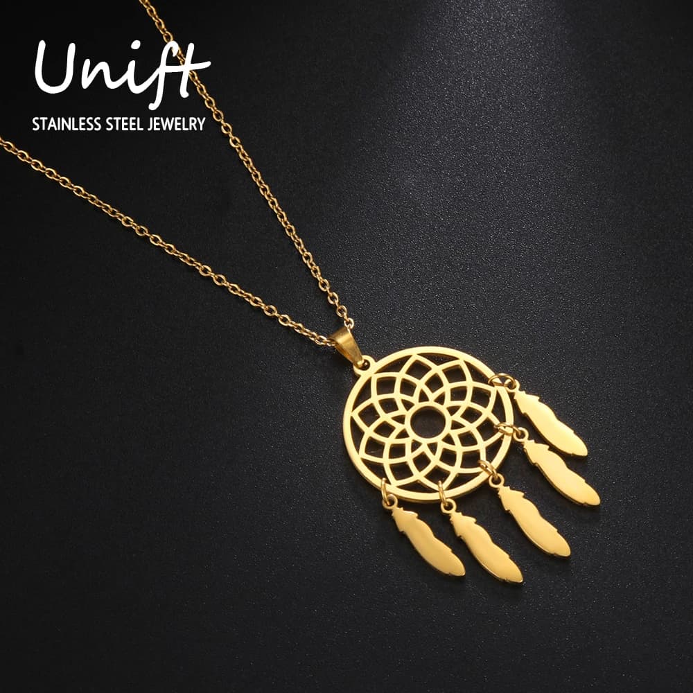 Unift Dream Catcher Necklaces for Women Flower Feather Pendant Indian Tribal Luck Necklace Fashion Spiritual Boho Jewelry Gift
