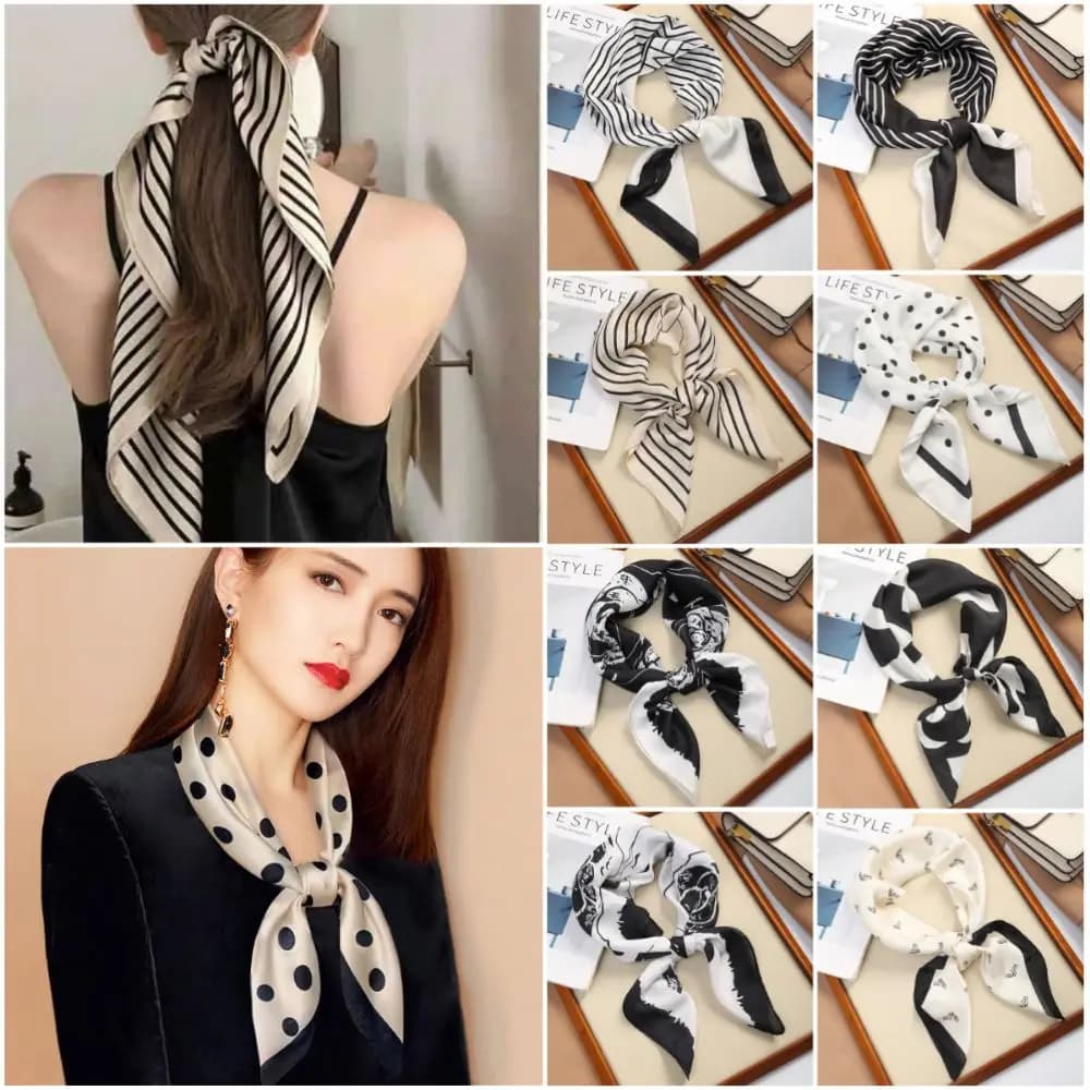 Elegante Foulard Quadrato in Seta a Doppia Faccia 70*70cm, Sciarpa per Testa e Collo con Motivi a Righe, Pois e Fiori, Bianco e Nero, per Donna
