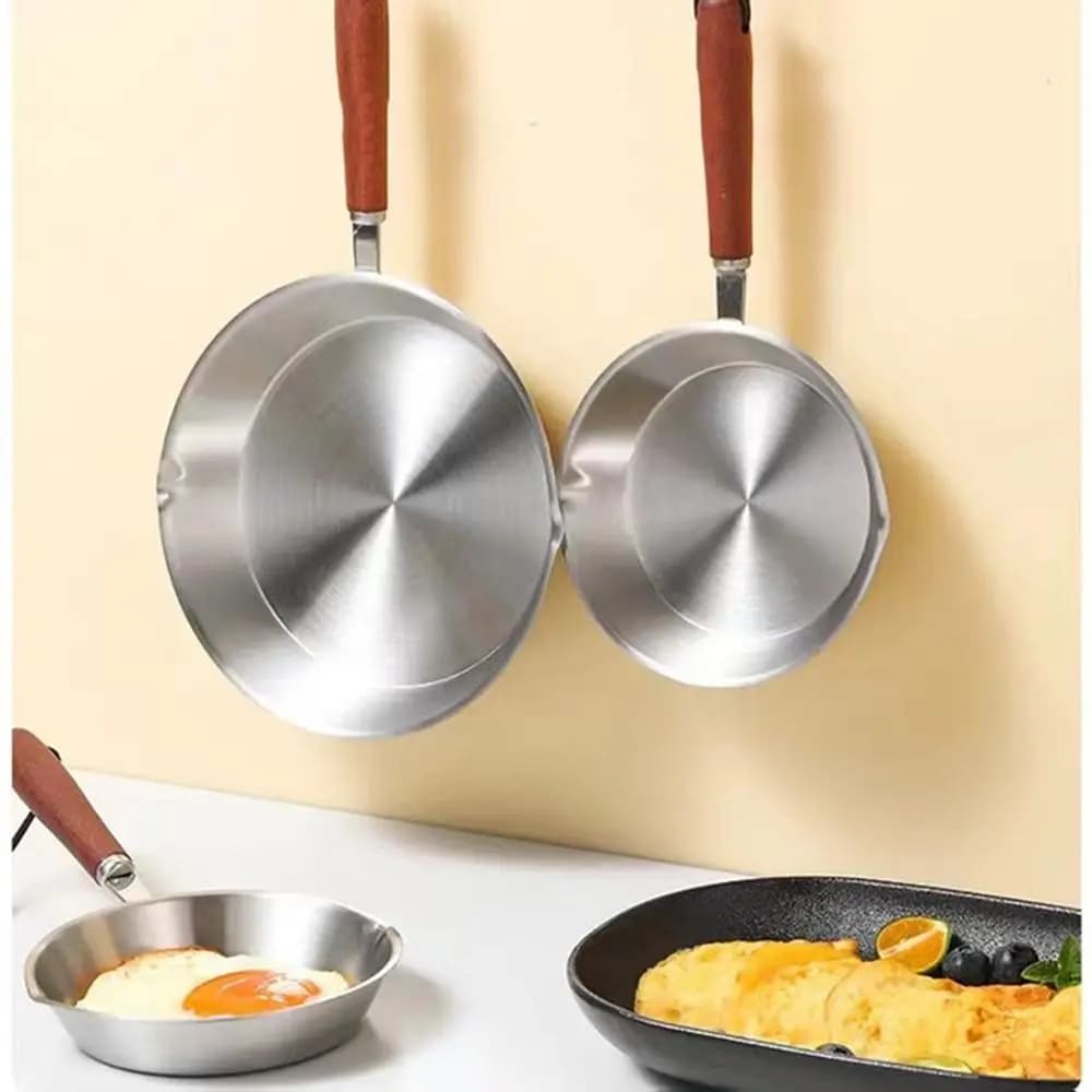 Padella Antiaderente in Acciaio Inox 304 con Fondo Piatto, Manico in Legno, Adatta al Forno, Piccola 12/16cm, per Omelette, Uso Domestico