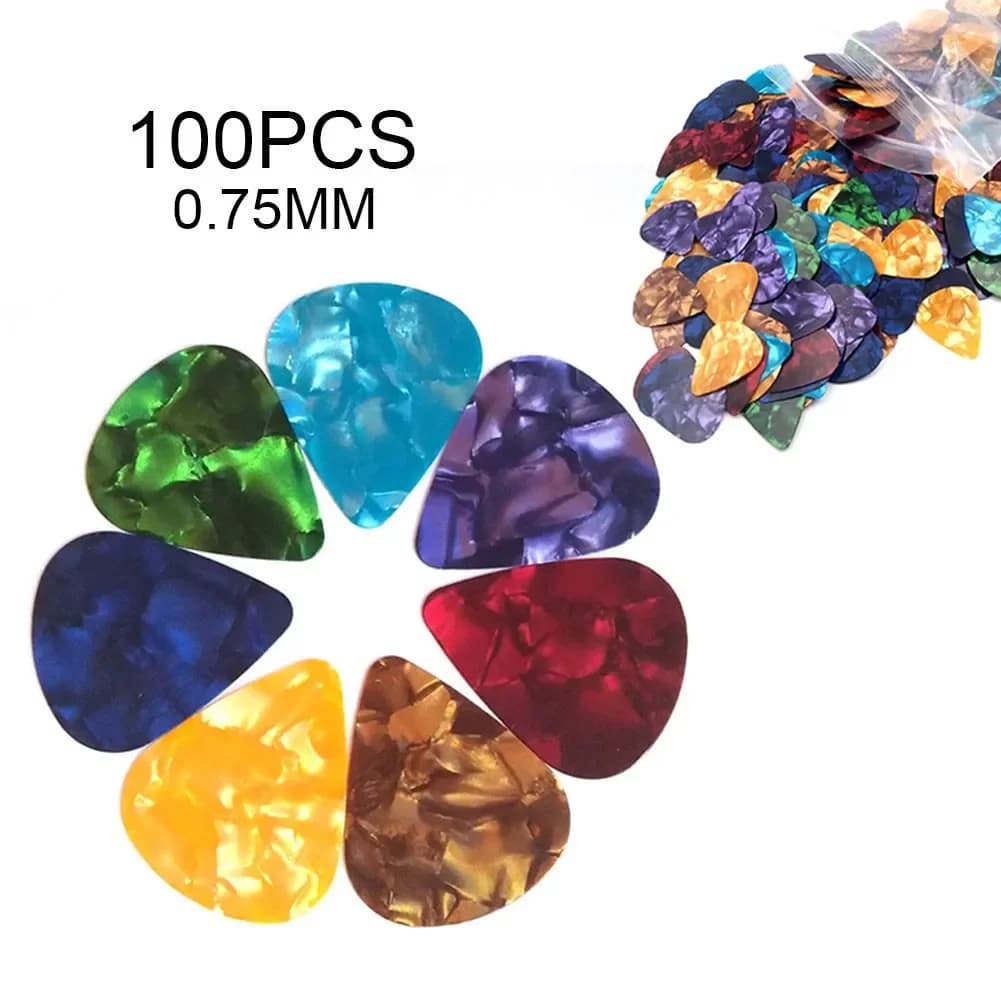 100 plettri medi da 0,75 mm in celluloid per chitarre acustiche ed elettriche e strumenti a basso, texture liscia