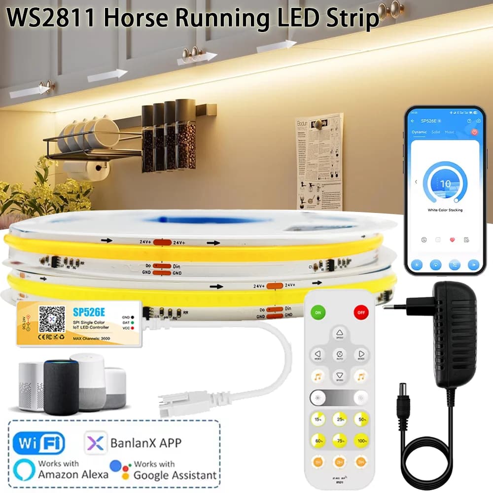 5M 10M 24V COB WS2811 Horse Running LED Ribbon Flowing Water Tape Light with Wifi Mini LED Controller APP Controller for Alexa
