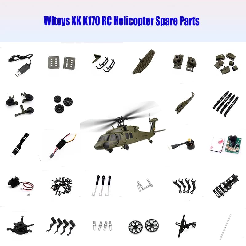 Ricambi per Elicottero RC Wltoys XK K170: Pale, Ingranaggi, Motore di Coda, Testa del Rotore, Servo, ESC, Ricevitore, Scocca, Albero, Piatto Oscillante, Batteria