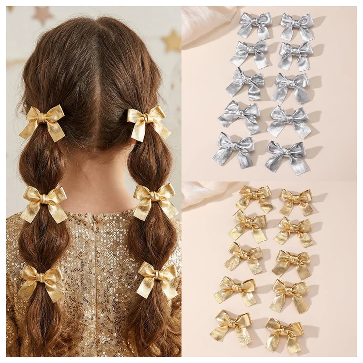 Gold and silver bow hair clips, 20/10/4 packaging, mini side clips for girls, baby hair accessories for holidays