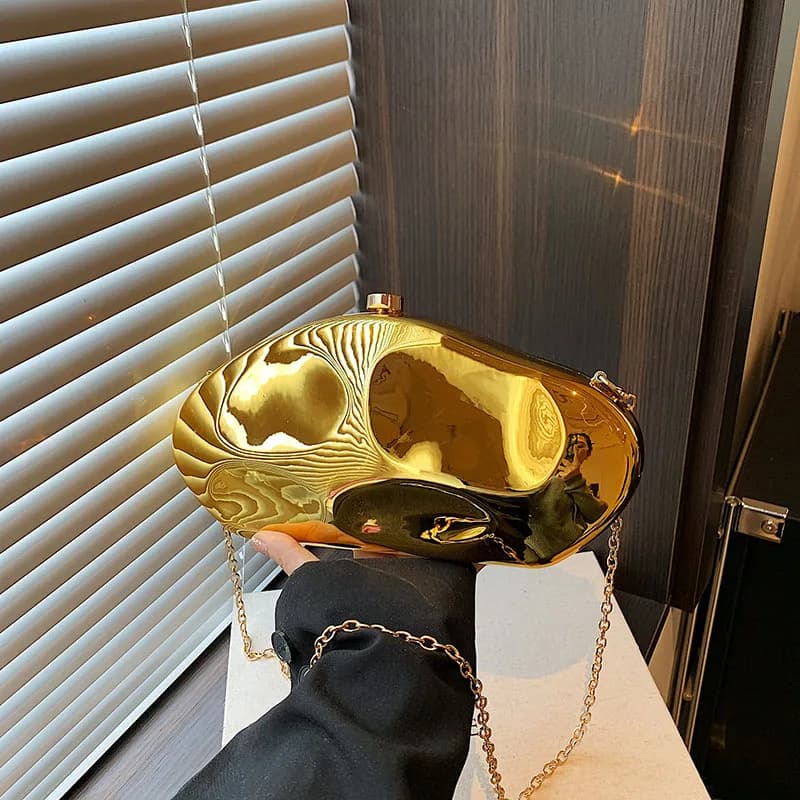 New acrilico Shell Shape Clutch Ladys Bags Designer Evening Party Cute Metal Shiny Purse Gold Silver Blue Egg Handbags borsa regalo