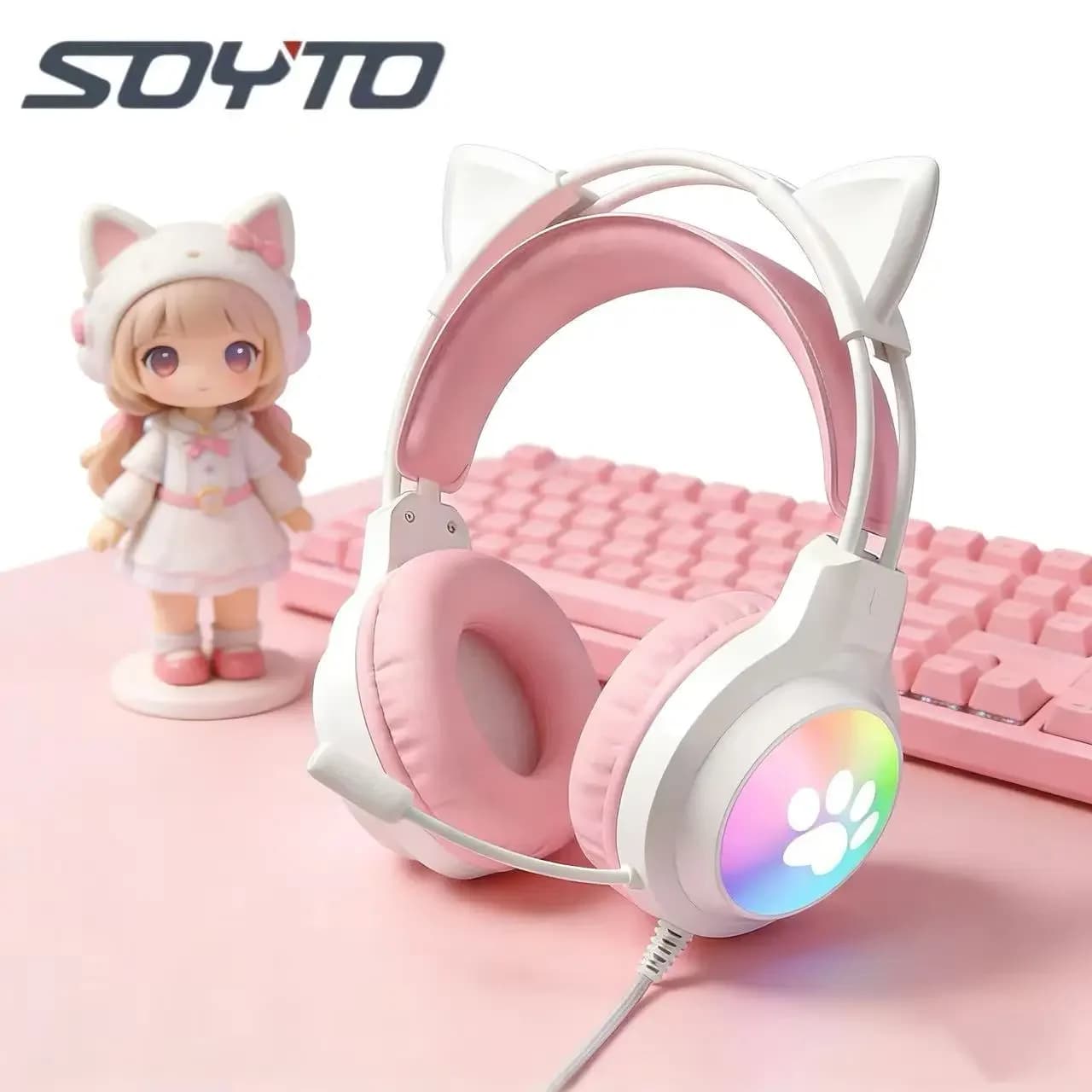 SOYTO Wired gaming headphones with cat ears for laptop PC, with noise cancellation, LED lighting, surround sound for FPS games, with microphone