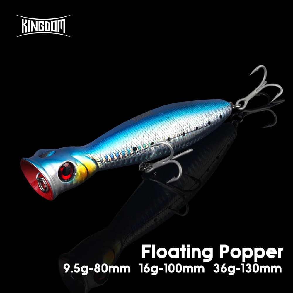 Kingdom Galleggiante Popper Richiamo di Pesca 80mm 9.5g 100mm16g 130mm 36g TopWater Esca Artificiale Duro Wobbler Per La Pesca Alla Trota Spigola