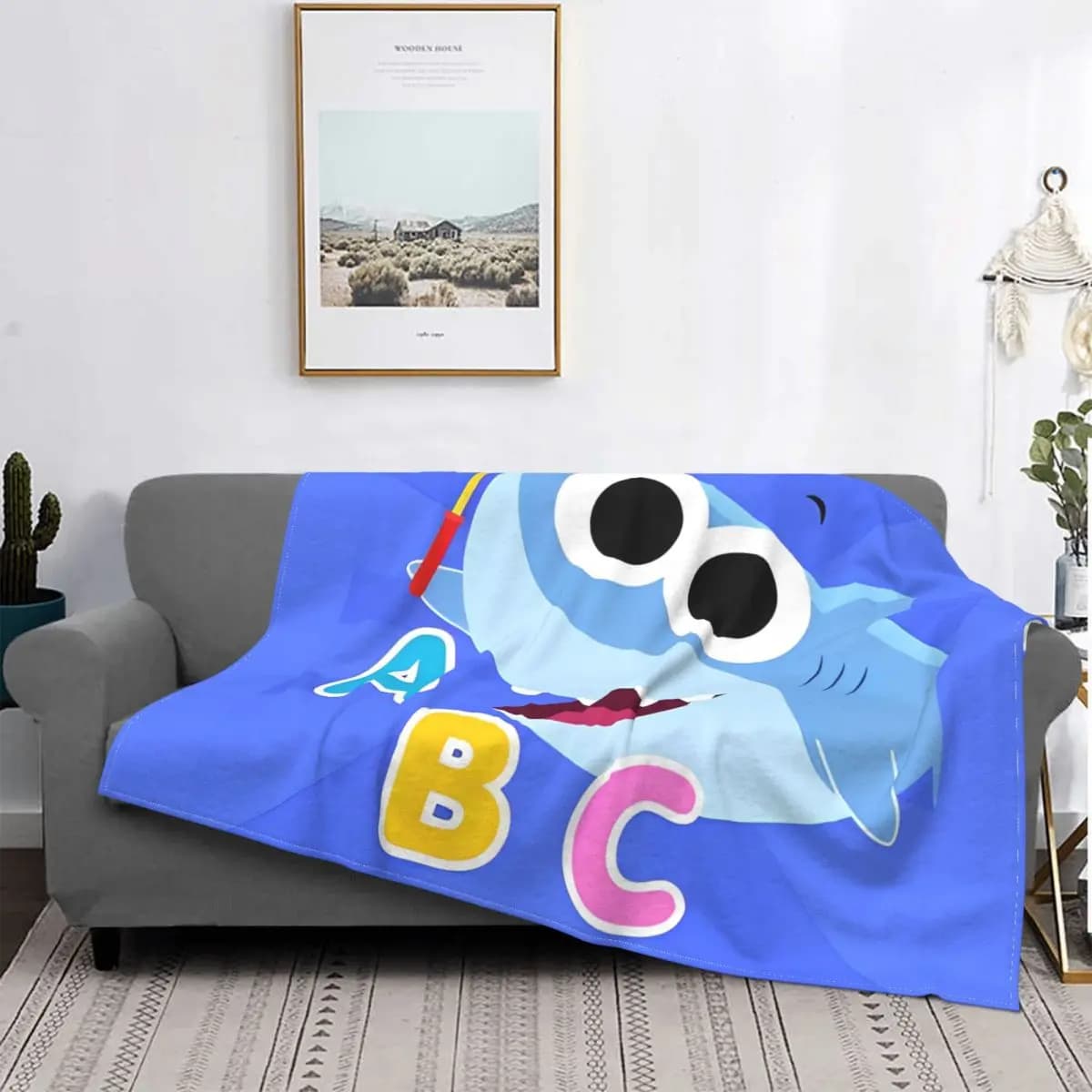 Finny The Shark Teaching ABC Knitted Blanket English Cartoon Wool Throw Blankets Bedding Couch Portable Lightweight Bedspreads