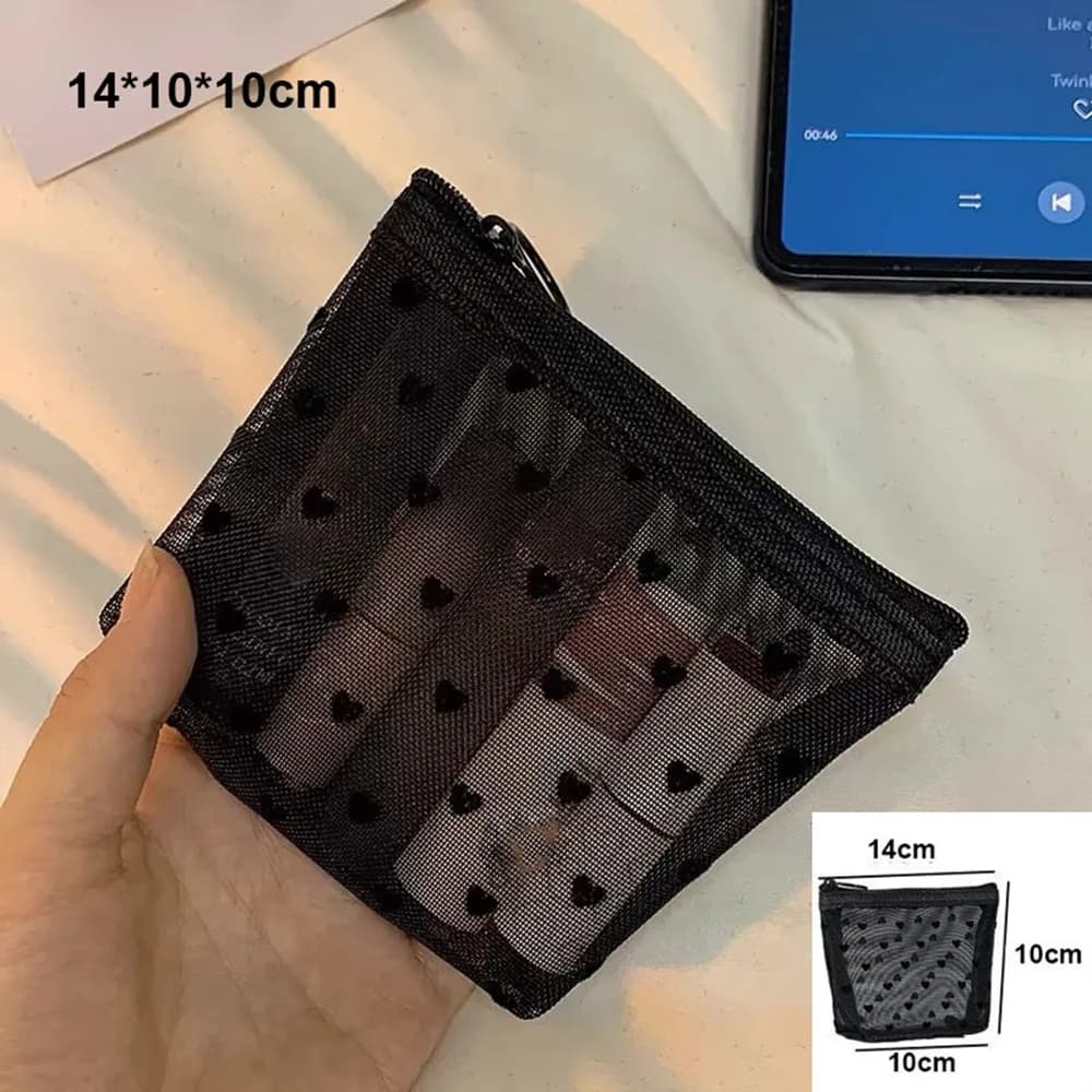 Nuova borsa per il trucco in rete trasparente a forma di cuore, nera/rosa, multifunzione, custodia per cosmetici da donna, borsa portatile per rossetti