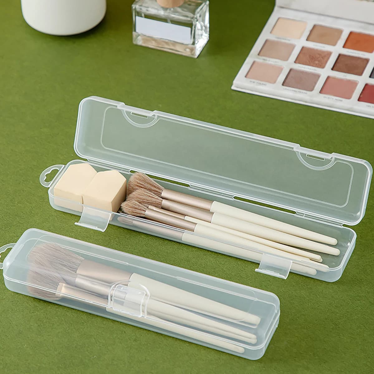 Scatola portaoggetti portatile da viaggio per pennelli per trucco, riutilizzabile, antipolvere, in plastica trasparente, per eyeliner, matita per sopracciglia, cosmetici