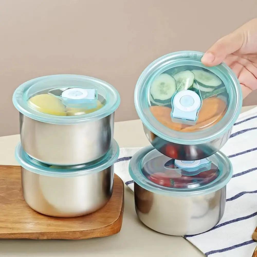 Scatola fresca sigillata multifunzione conservazione per la preparazione dei pasti per il pranzo ciotola rotonda scatola per la conservazione della freschezza in acciaio inossidabile frigorifero Crisper congelato